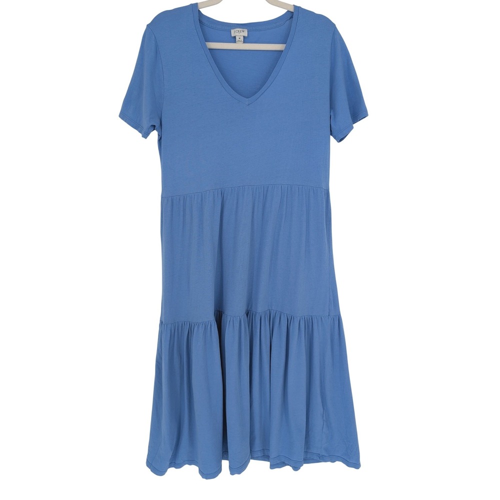 J.Crew Tiered Midi Dress M Blue Short Sleeve V-Neck Cotton Knit Boho Minimalist